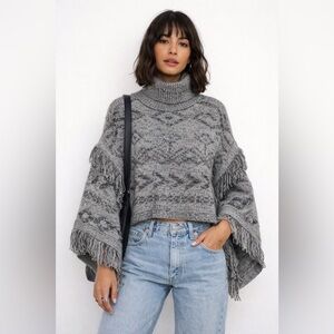 Rocky Barnes X 360 Cashmere Wool Fringe Poncho Sweater